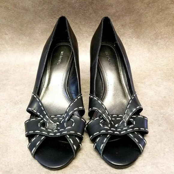 Merona Womens Alexa  Size 7.5 Black  Leather Slip On Peep Toe 3" Wedge Heels - Picture 2 of 10